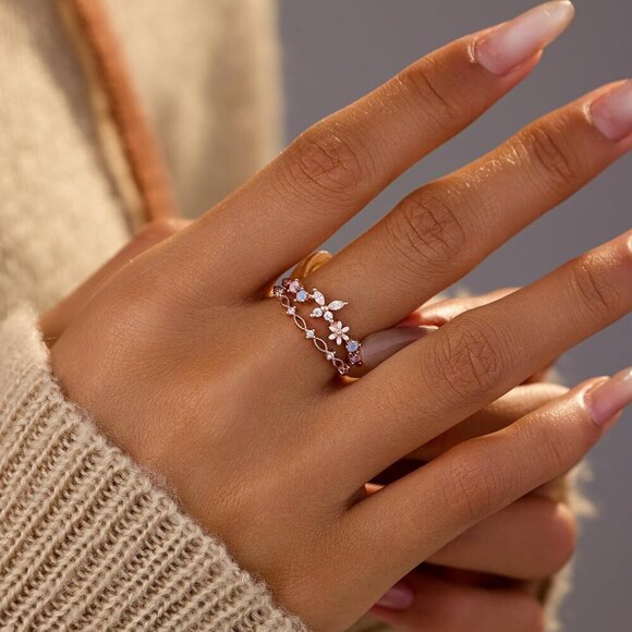 Sterling Silver Butterfly Daisy Ring 14K Gold Plated Colorful Opal CZ Fashion - Picture 3 of 6